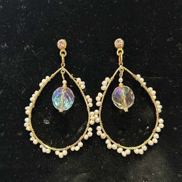 Aurora Borealis & Pearl Wrapped Hoop Earrings-Boutique - Picture 2 of 7